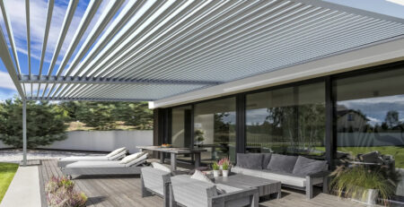 Motorized louvered pergola roof on a Dallas, TX patio